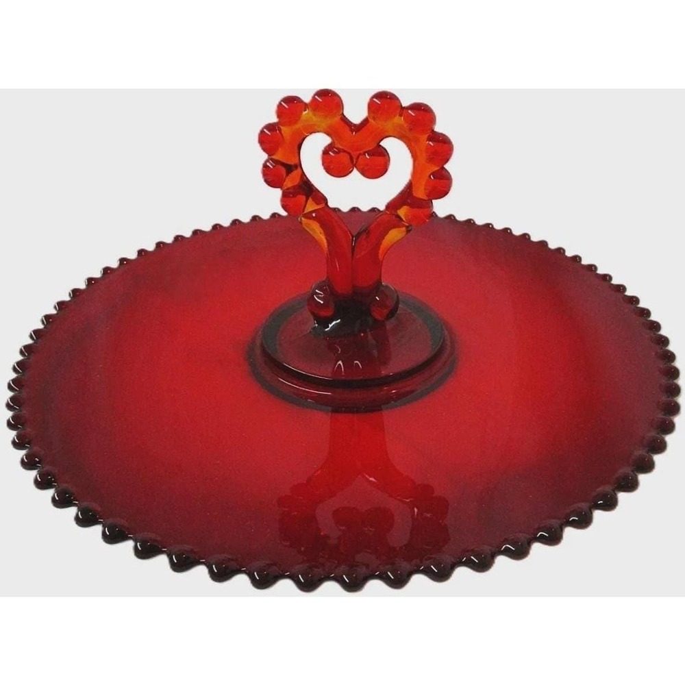 Imperial Candlewick Ruby Amberina Glass 1962-63 Heart Handle Tidbit Pastry Tray